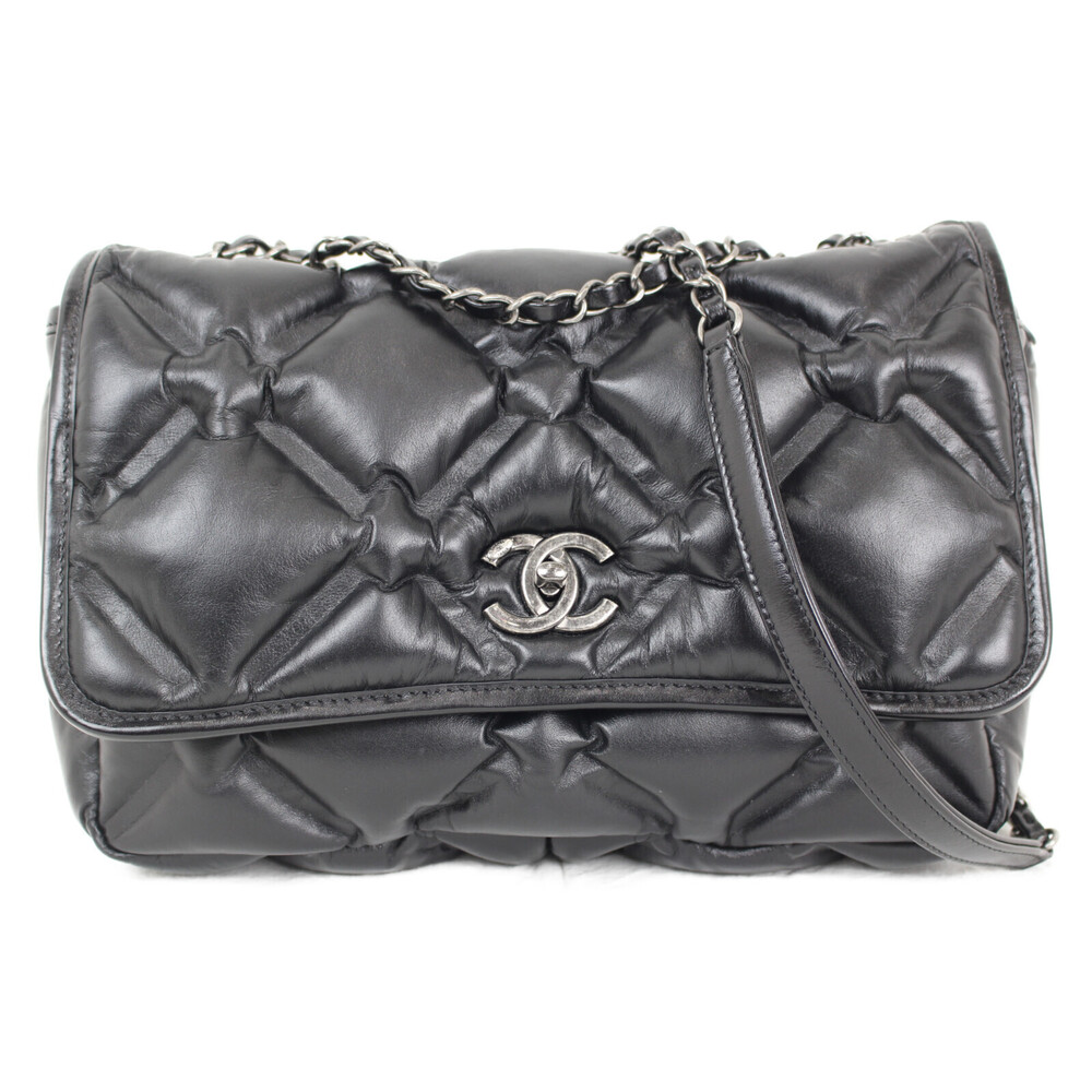 Chanel Bubble Quilt Chain Bag Black Leather Matelasse Coco Mark